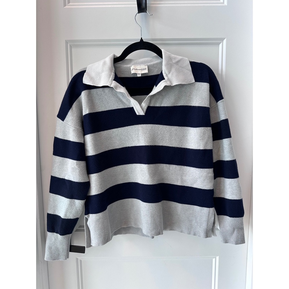 Freshman 1996 Super Soft Stripe Polo Sweater Navy Gray V-Neck Knit Small